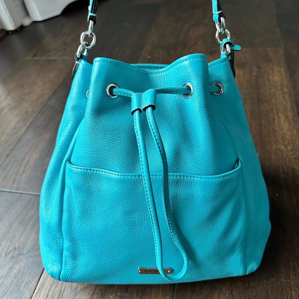 Coach Avery pebble leather drawstring handbag shoulder bag in turquoise